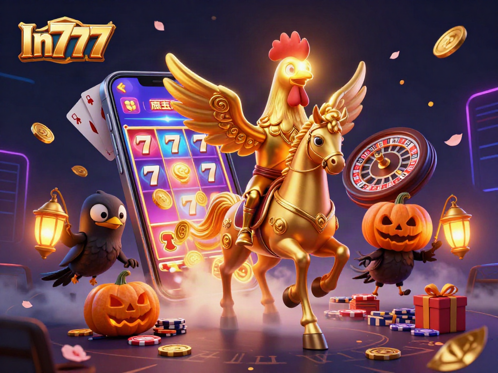 Experience the thrill of In777 with a vibrant casino scene featuring a golden rooster and exciting slot games.