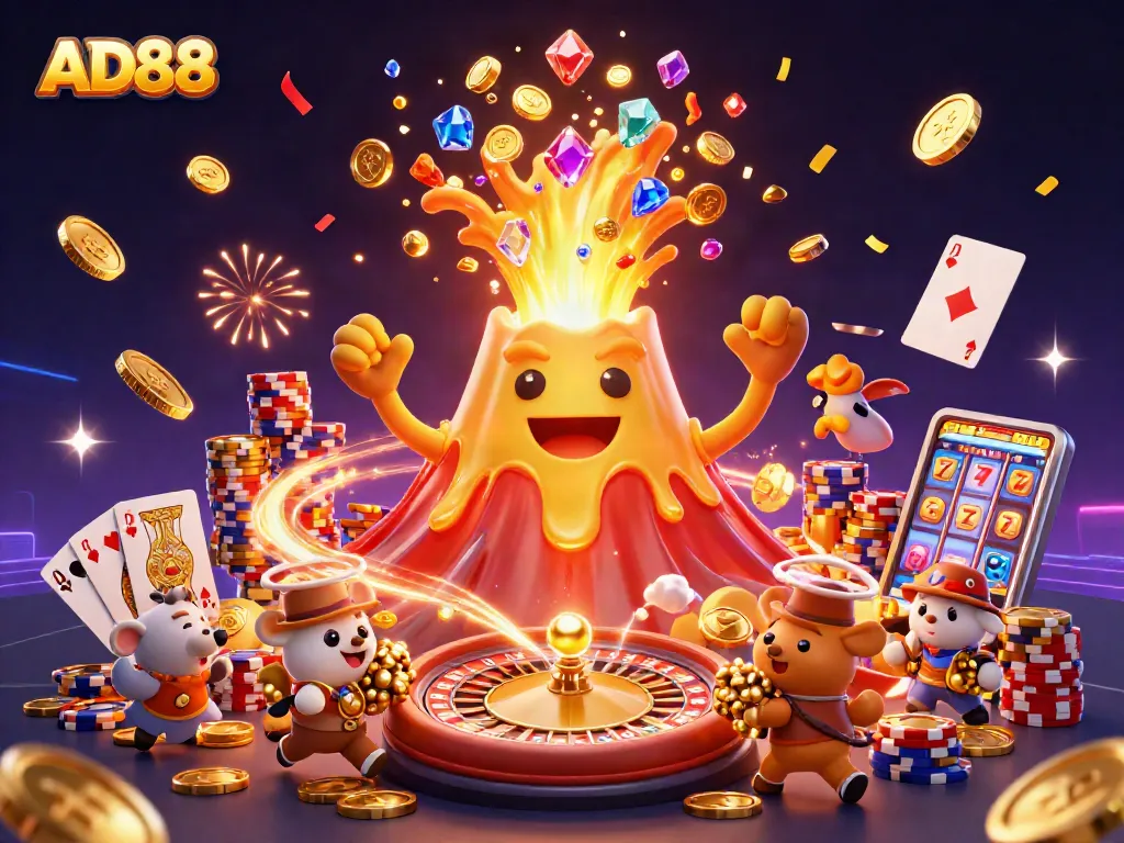 Spin the reels of AD88 with treasures from a golden volcano in a vibrant casino scene.