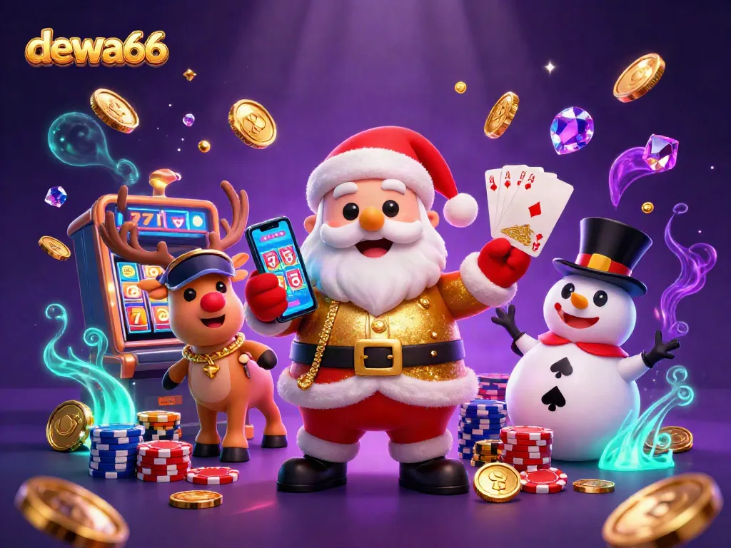 Engage with dewa66's vibrant casino scene featuring Santa and friends celebrating jackpots.
