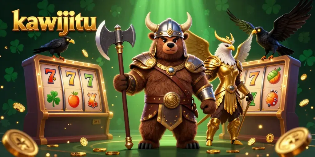 Kawijitu slot gaming scene featuring a Viking bear, Valkyrie eagle, and glowing symbols.