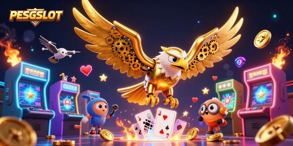 Gambarkan PESGSLOT dengan elang emas cybernetic terbang melalui kartu holografik dan mesin arcade.