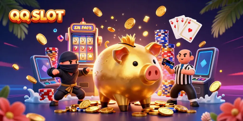 Exciting QQ SLOT scene with a golden piggy bank sumo wrestler and dynamic gambling elements.