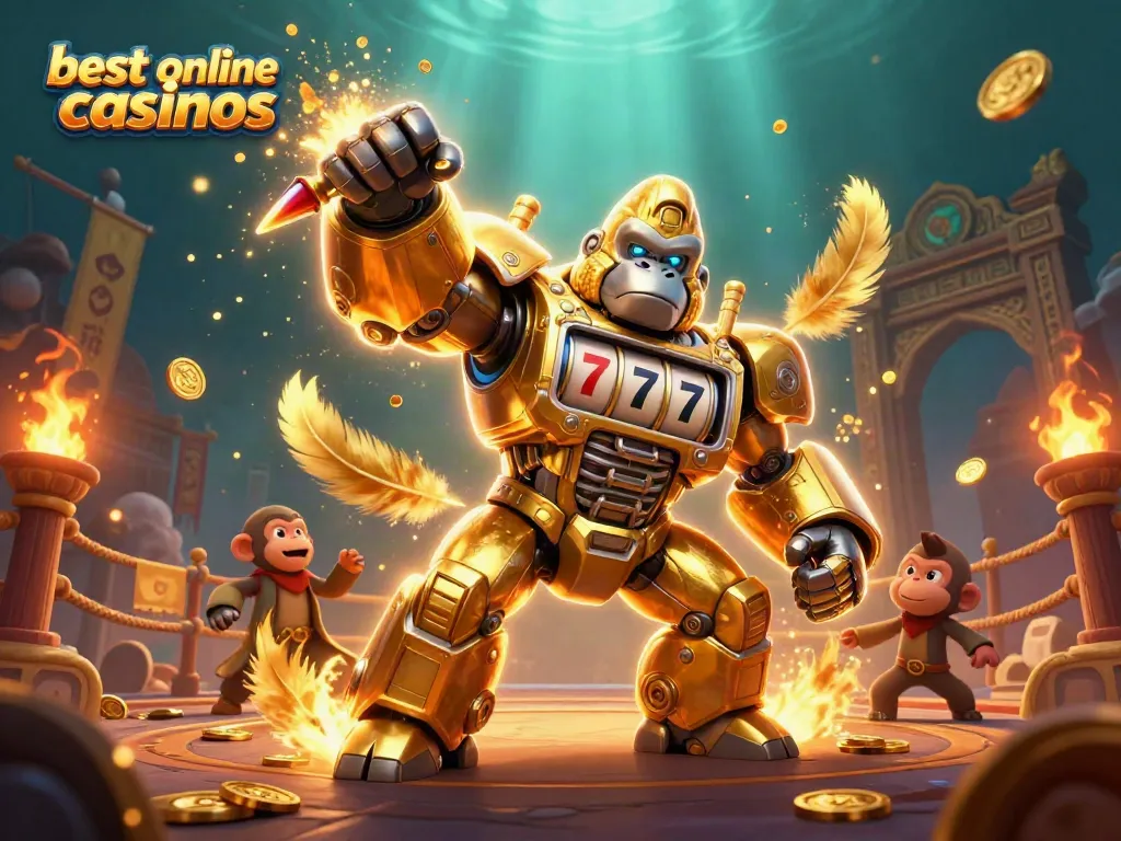 Engaging scene of the best online casinos featuring a golden gorilla mech amidst dynamic casino elements.