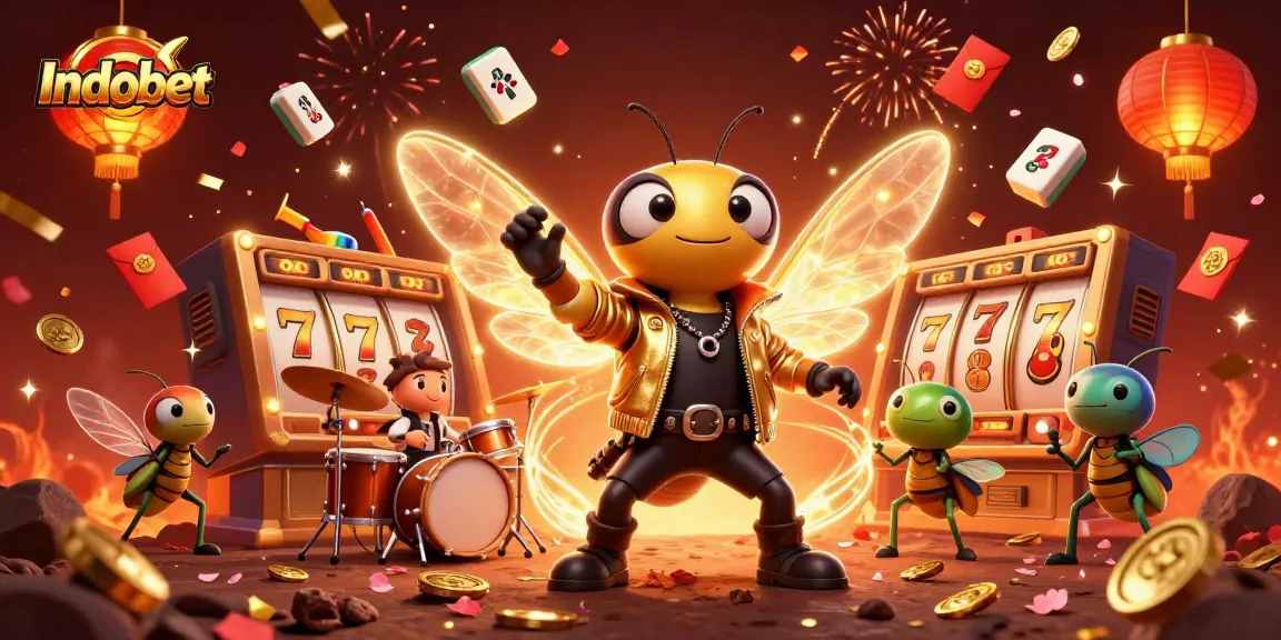 Indobet menampilkan cicada rock star dan elemen kasino yang berwarna-warni dalam ilustrasi ceria.