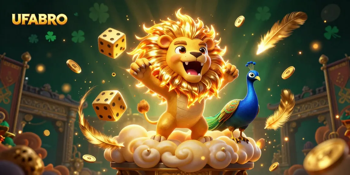 Experience thrill and winning with UFABRO's dynamic online gaming scene featuring a roaring lion and golden dice.