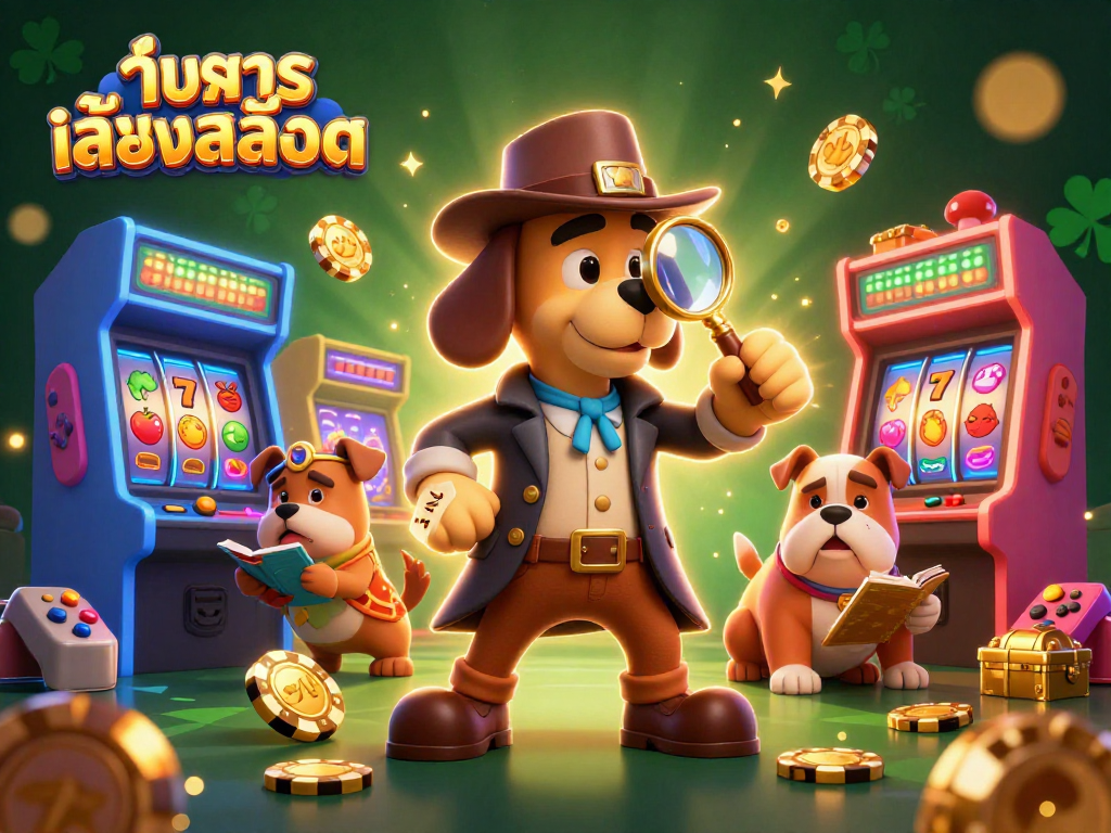 Experience ทดลองเล่นสล็อต with vibrant game machines and treasure hints in this dynamic illustration.