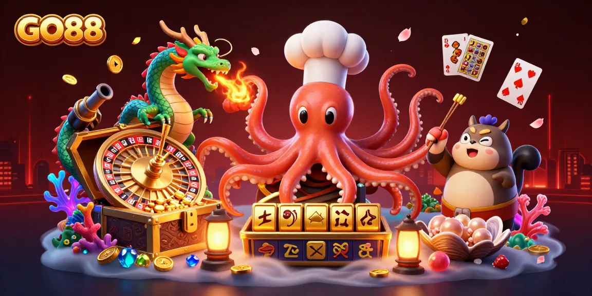Engage in thrilling GO88 slot games with an energetic octopus chef, dragon, and playful tanuki!