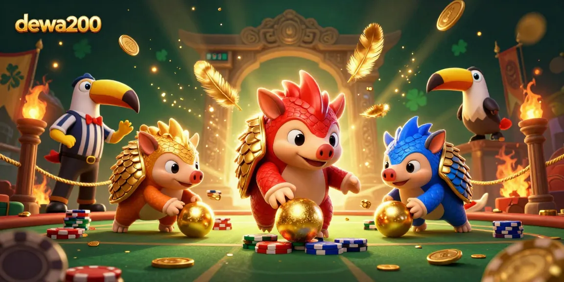 Rivalitas pangolin di arena judi dewa200 dengan koin dan chip poker yang melimpah.