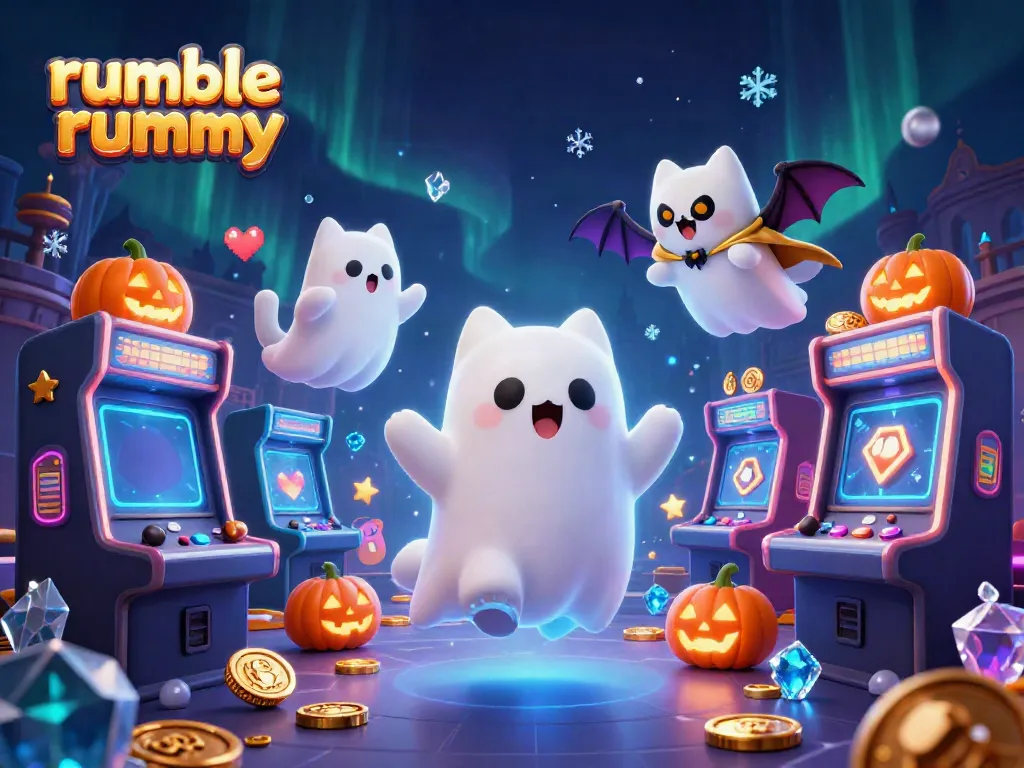 Experience the excitement of rumble rummy with a friendly ghost cat and its bat companion in a haunted casino.