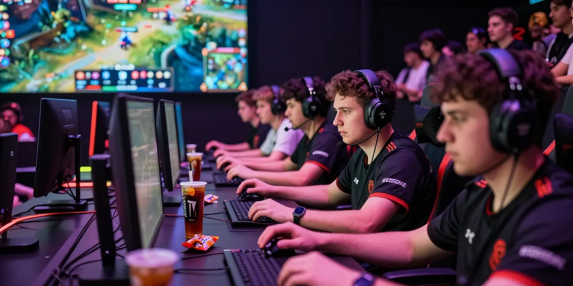 LUCK8 gaming event with diverse players focused on screens amidst colorful LED lights and high-tech equipment.