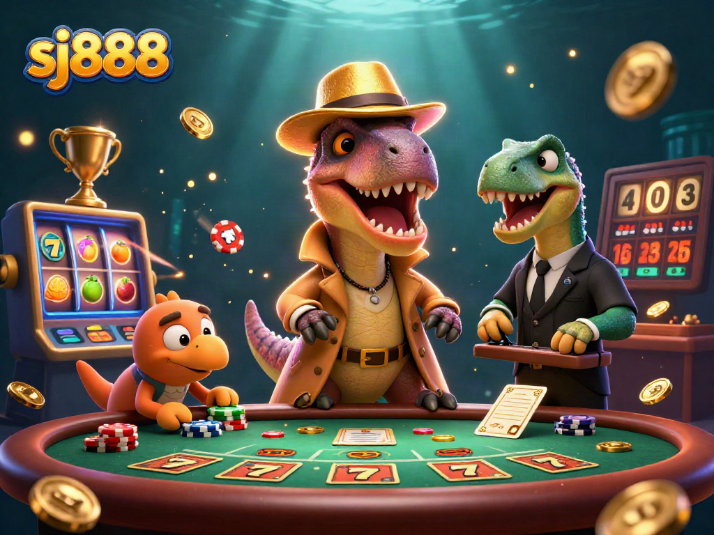 Place bets with sj888 at a vibrant casino scene featuring exciting slot reels and animated characters.