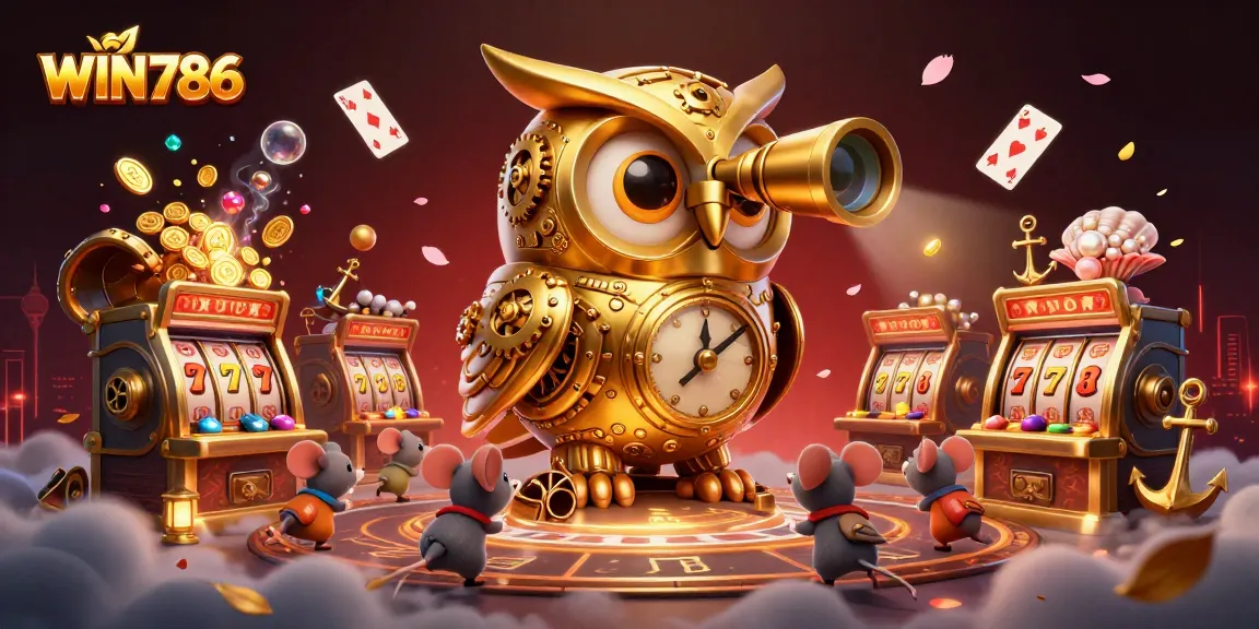 WIN786 showcases a vibrant casino scene with a golden owl, exciting slot games, and dynamic gameplay.