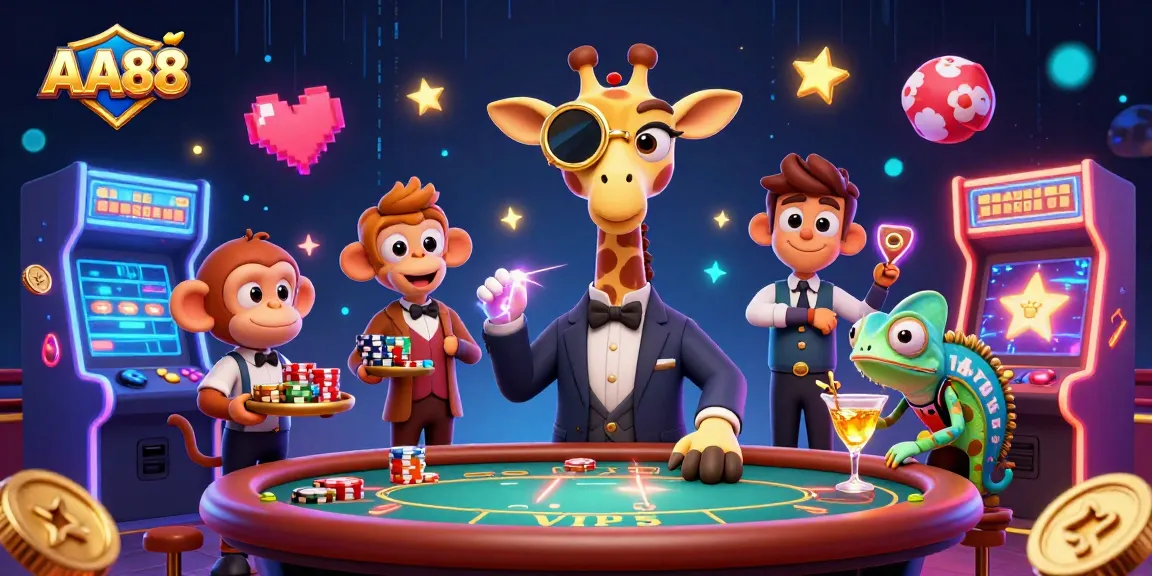 Experience the vibrant gaming scene at AA88 with a high-roller giraffe, monkey valet, and chameleon bartender.
