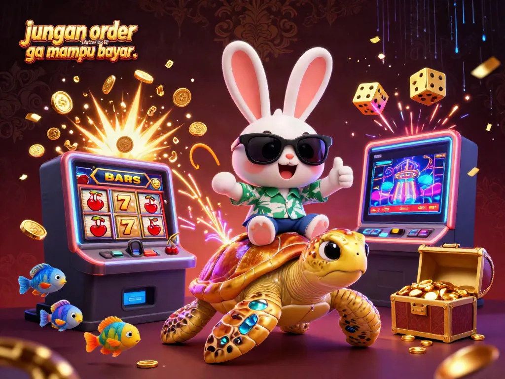 Experience thrilling moments at the casino with "jangan order kalo ga mampu bayar.." amidst a vibrant 3D illustration.