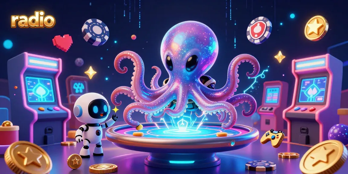 Experience thrilling casino fun with a radio-themed 3D octopus at a holographic poker table.