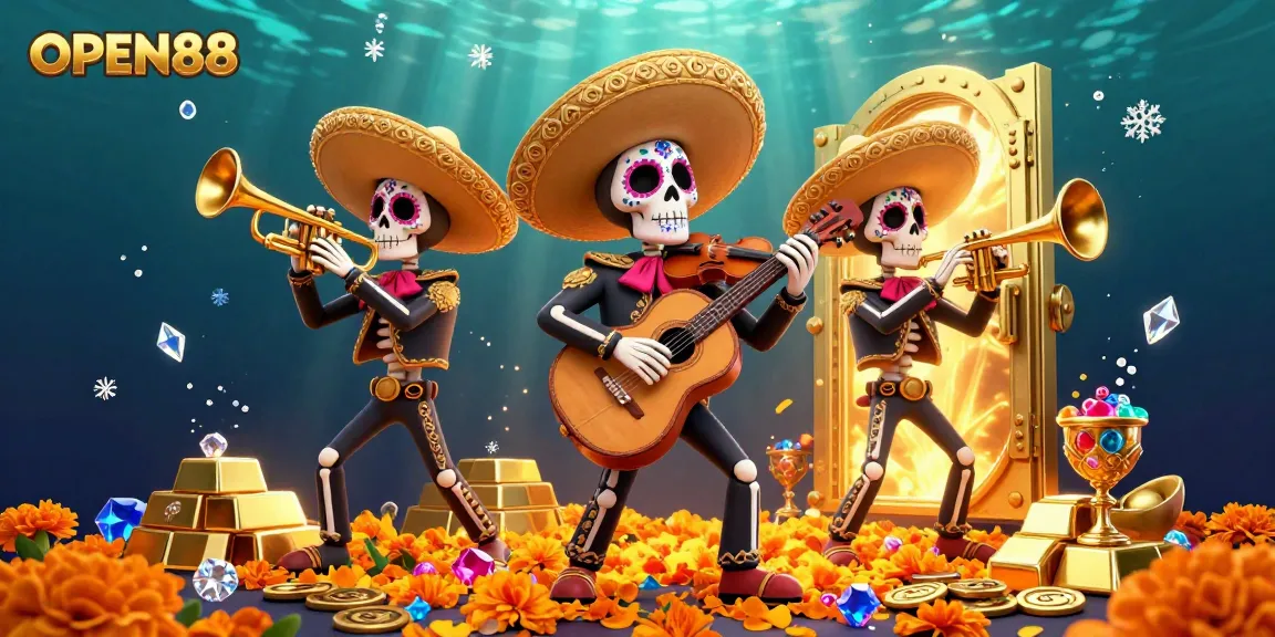 Experience the thrill of OPEN88 with vibrant mariachi band amidst jewels and treasures.