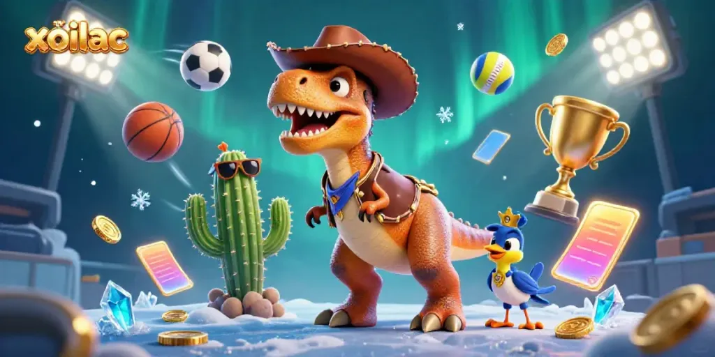 Xoilac showcases a dynamic gambling scene with a cowboy dinosaur, sporting elements, and energetic game action.