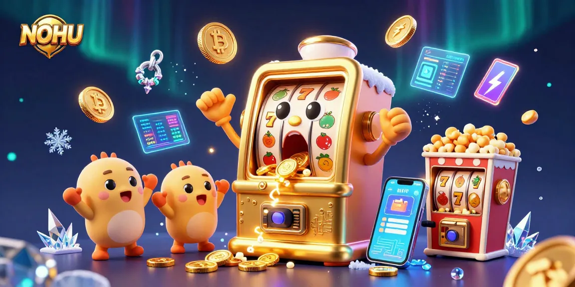 NoHU slot machines celebrate a jackpot, surrounded by crypto currencies and dynamic casino elements.