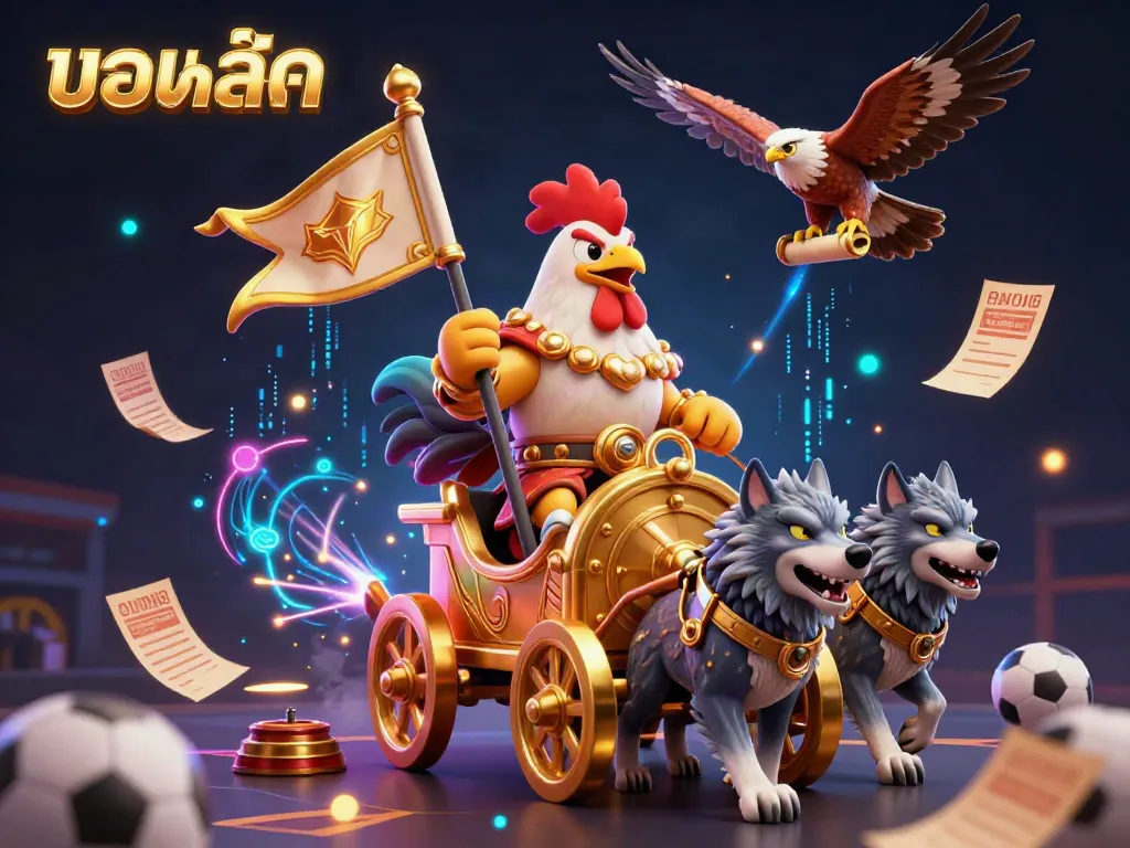 Experience thrilling sports betting with บอลสด featuring a dynamic scene of a rooster warlord and stadium elements.