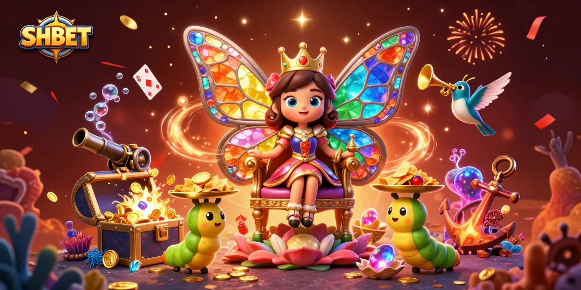 Experience the thrill of SHBET with a colorful 3D butterfly queen and casino treasures.