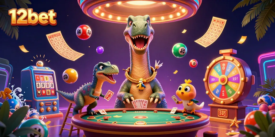 Trải nghiệm 12bet với hình ảnh vui nhộn của khủng long và trò chơi sòng bạc sống động.