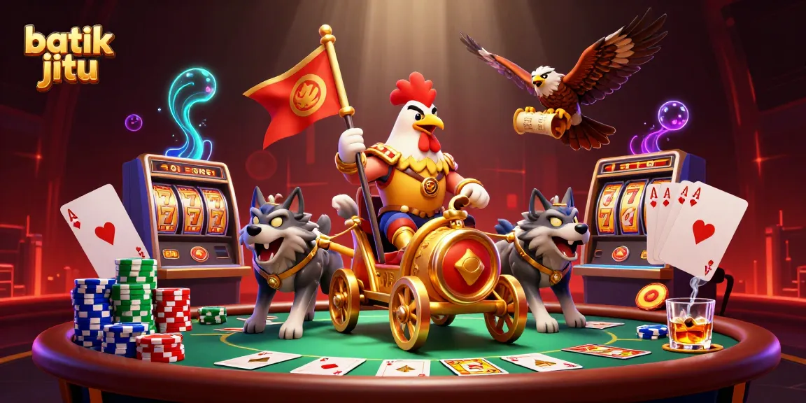 Batik jitu menghadirkan suasana kasino dengan ayam perang dan elemen permainan poker yang megah.