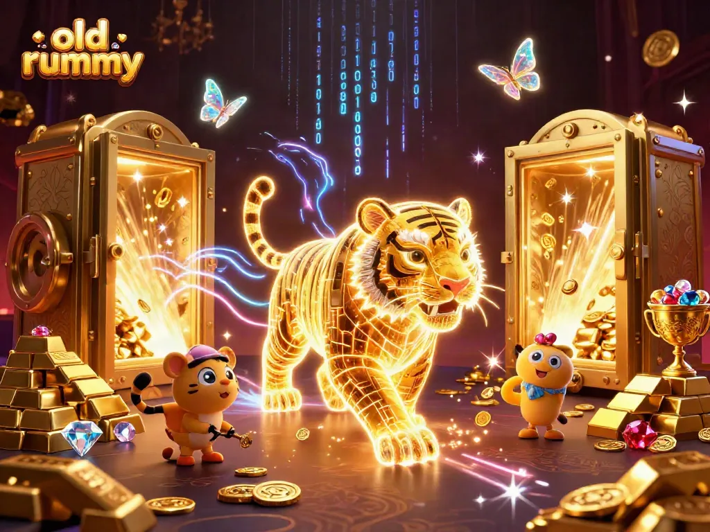 Gambaran menakjubkan dari "old rummy", dengan harimau emas neon dan harta karun kasino digital