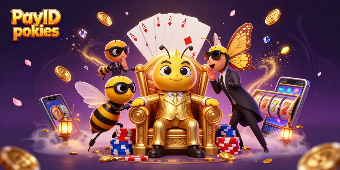 Experience thrilling PayID pokies with a vibrant 3D illustration of casino characters amidst stunning game elements.