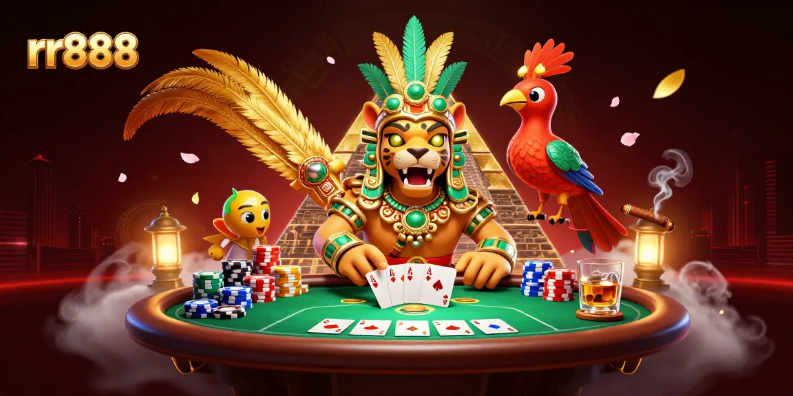 Experience thrilling poker action at rr888 with a vibrant casino illustration featuring dramatic game elements.