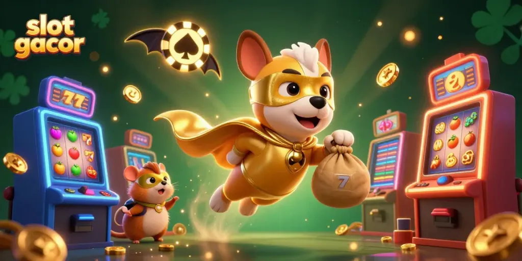Menghadirkan momen slot gacor yang penuh energi dengan anjing pahlawan dan hamster di dunia kasino yang cerah.
