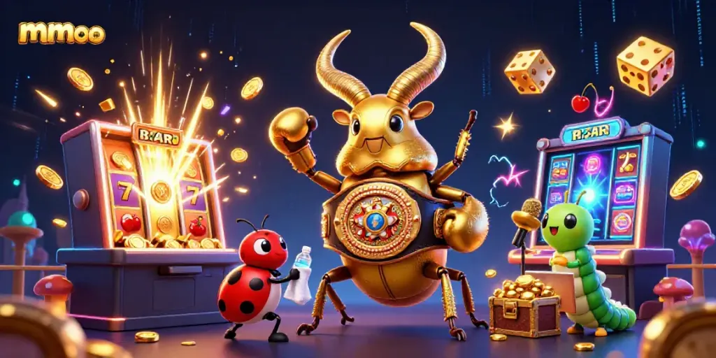 mmoo showcases a vibrant casino scene with a golden stag beetle and ladybug amid a jackpot of coins and slots