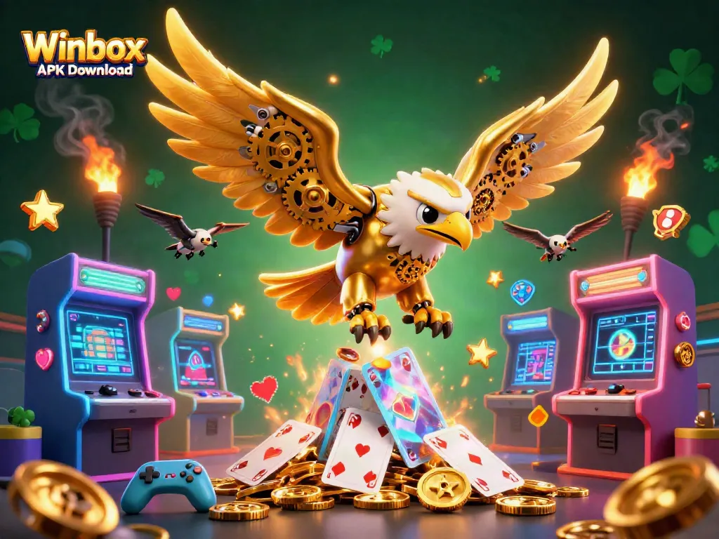 Experience the excitement with Winbox APK Download, featuring a golden eagle amidst vibrant casino gaming elements.