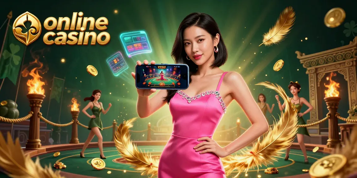 Engage in a thrilling online casino experience with a stunning woman showcasing a live dealer game on her smartphone.