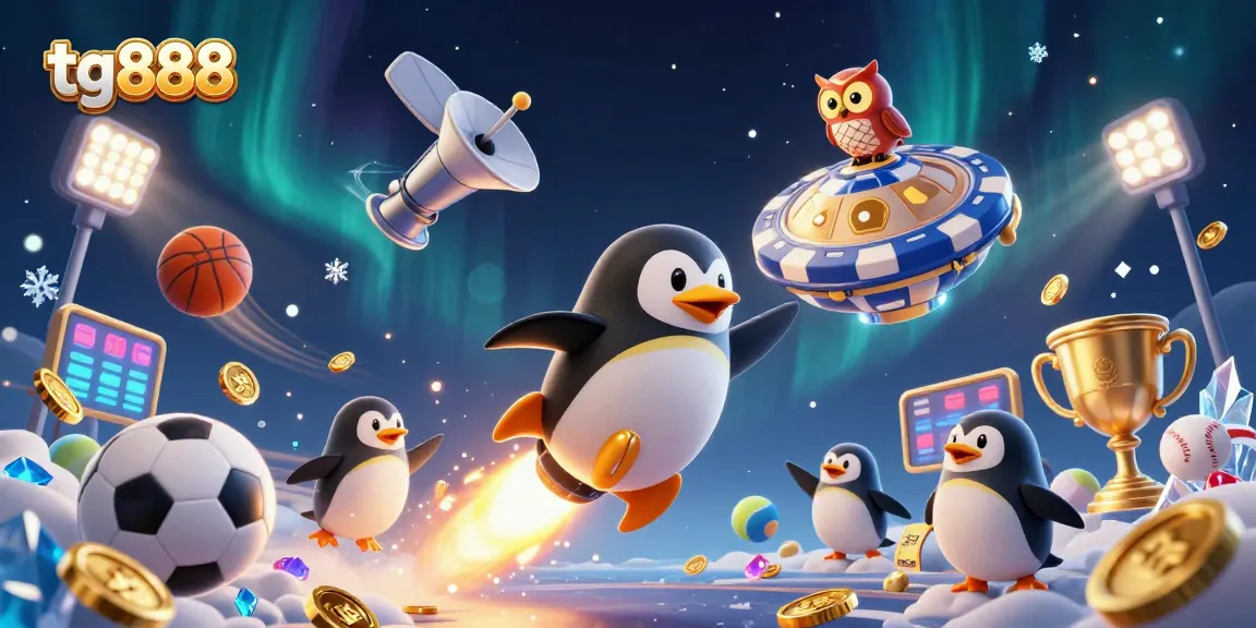 Bet on tg888 with a dynamic casino scene featuring a golden penguin, poker chip station, and sports balls