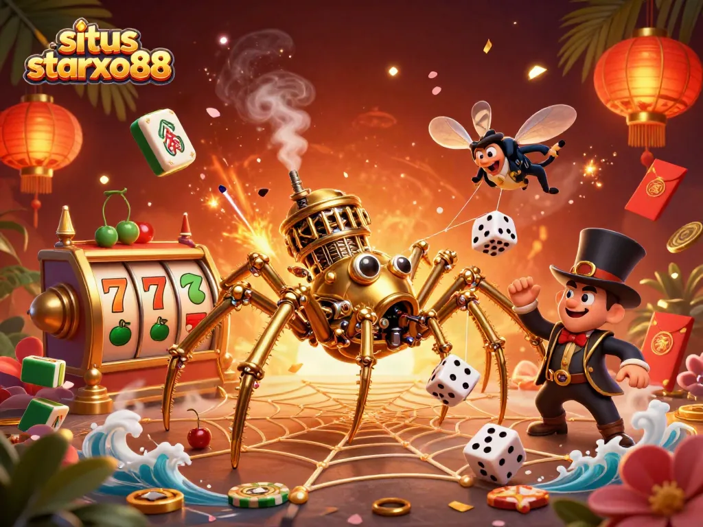 Spin the reels at situs starxo88 with a steampunk spider showcasing golden web and lucky symbols.