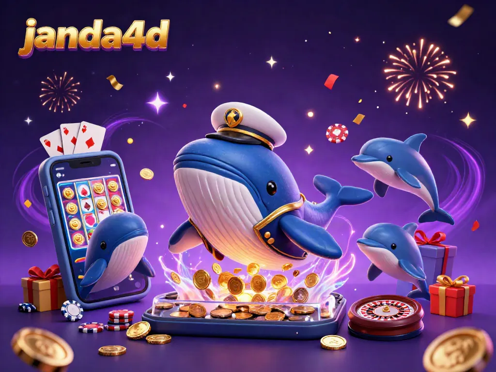 Permainan seru di janda4d, ikan paus kartun besar melawan lautan koin, dan lumba-lumba dengan chip poker.