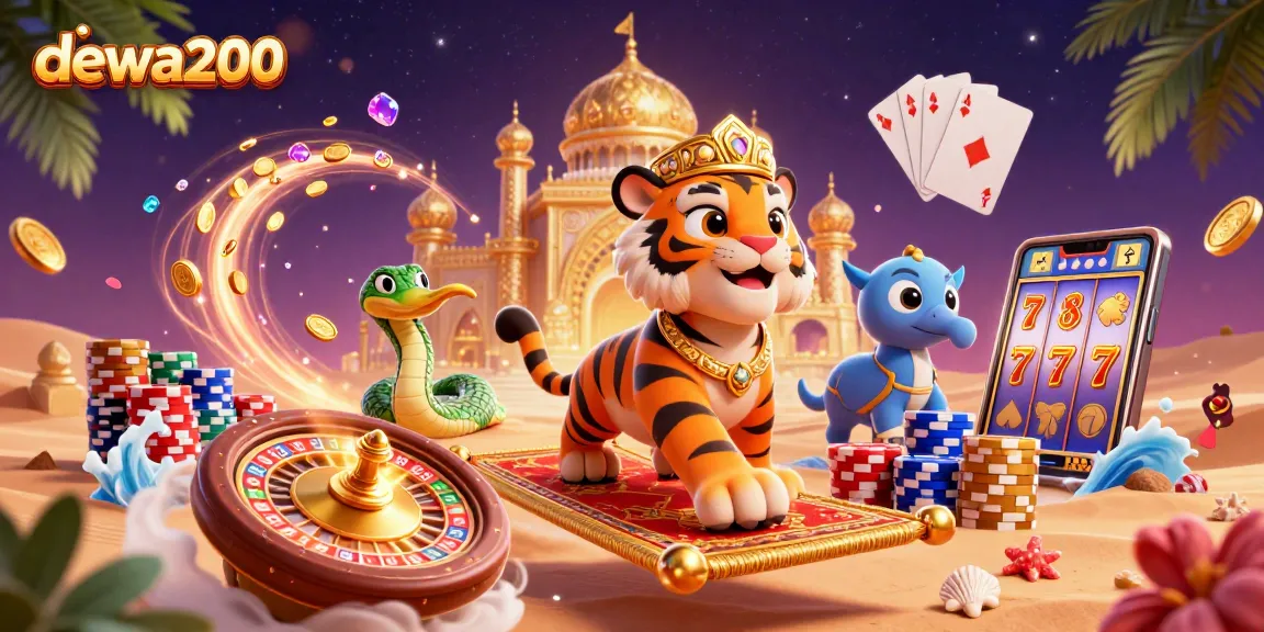 Gambarlah dewa200 dengan sultan harimau yang menaiki karpet terbang penuh chip poker di latar belakang keberuntungan.