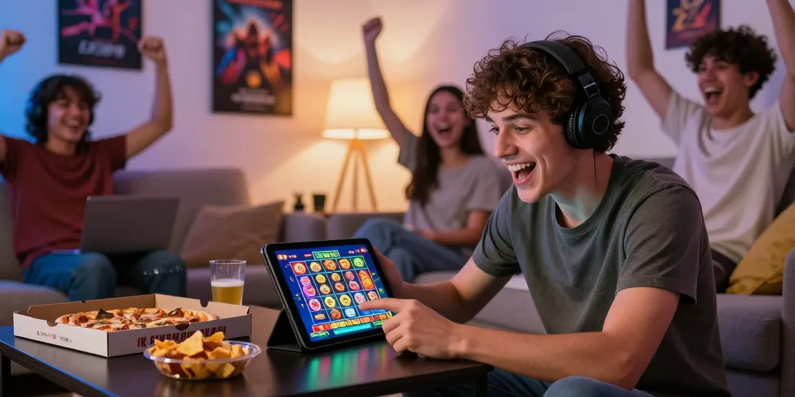 Excited player enjoying the best game in a cozy living room with friends.