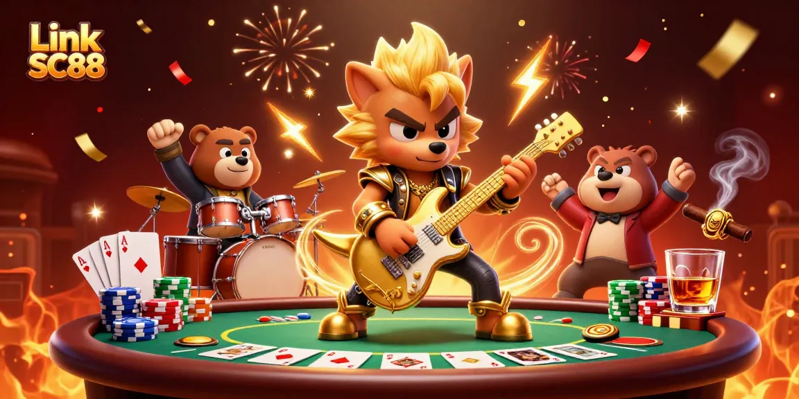 Experience the thrills of Link SC88 with vibrant casino action showcasing poker tables and bursting celebrations.