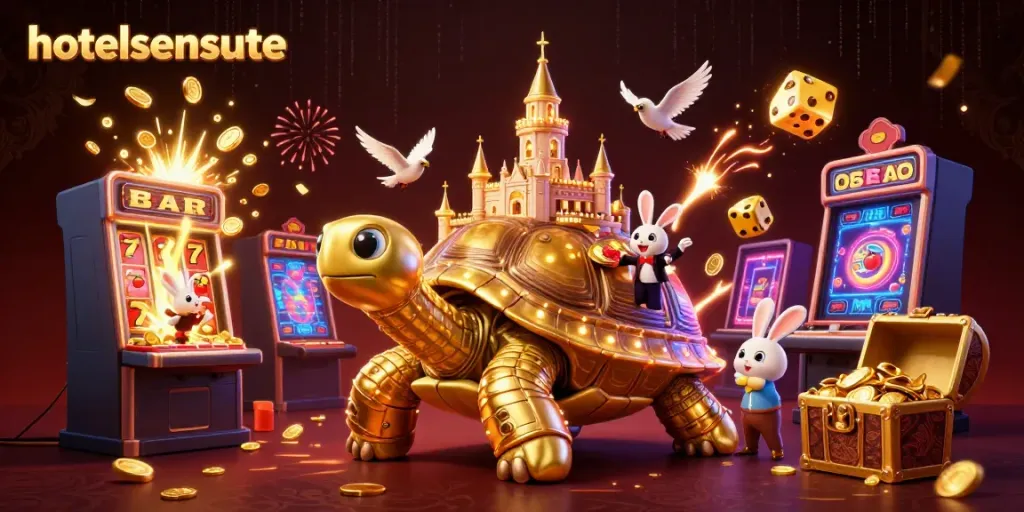 Join the thrilling games at hotelsensunte with giant tortoise casino and rabbit dealer amidst vibrant winning scenes.