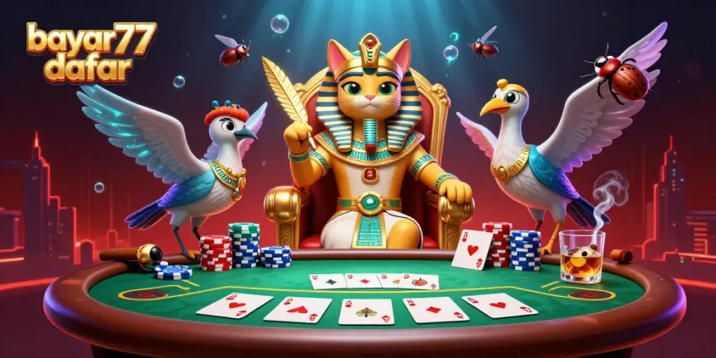 Engage with the vibrant scene of bayar77 daftar showcasing Egyptian pharaoh cat and poker excitement.