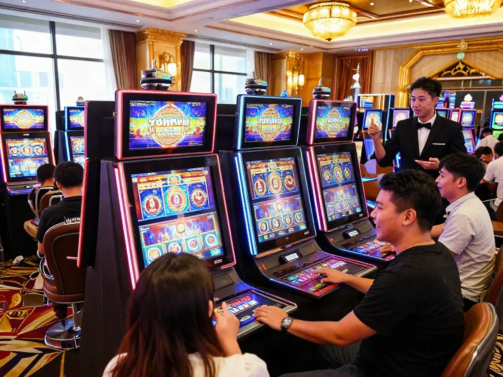 Exciting casino scene showcasing players enjoying slot thailand themed games with bright lights and joyful atmosphere.
