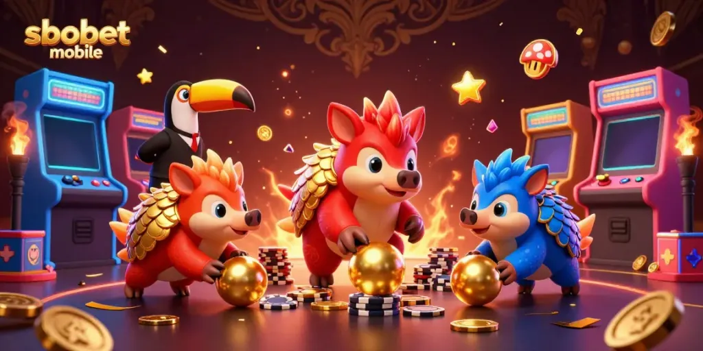 Experience sbobet mobile with dynamic pangolins rolling through golden chips and vibrant gaming elements.