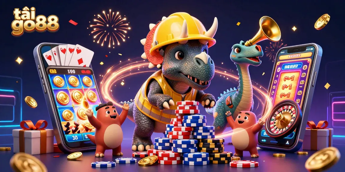 Play thrilling games with tải go88 in a festive online casino celebration illustrated by vibrant characters.