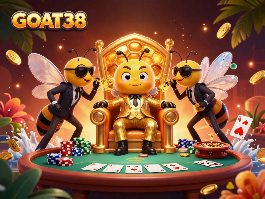 Experience the excitement of GOAT38 with a bumblebee mob boss in a vibrant poker scene.
