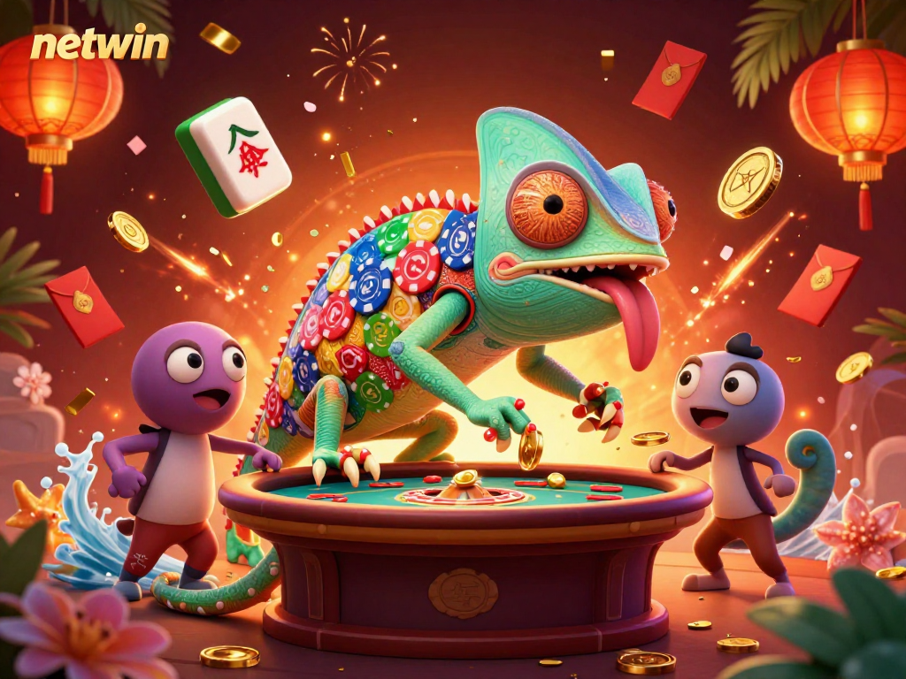 Experience the thrill of netwin with vibrant gaming elements in a rich 3D scene featuring a colorful chameleon owner.