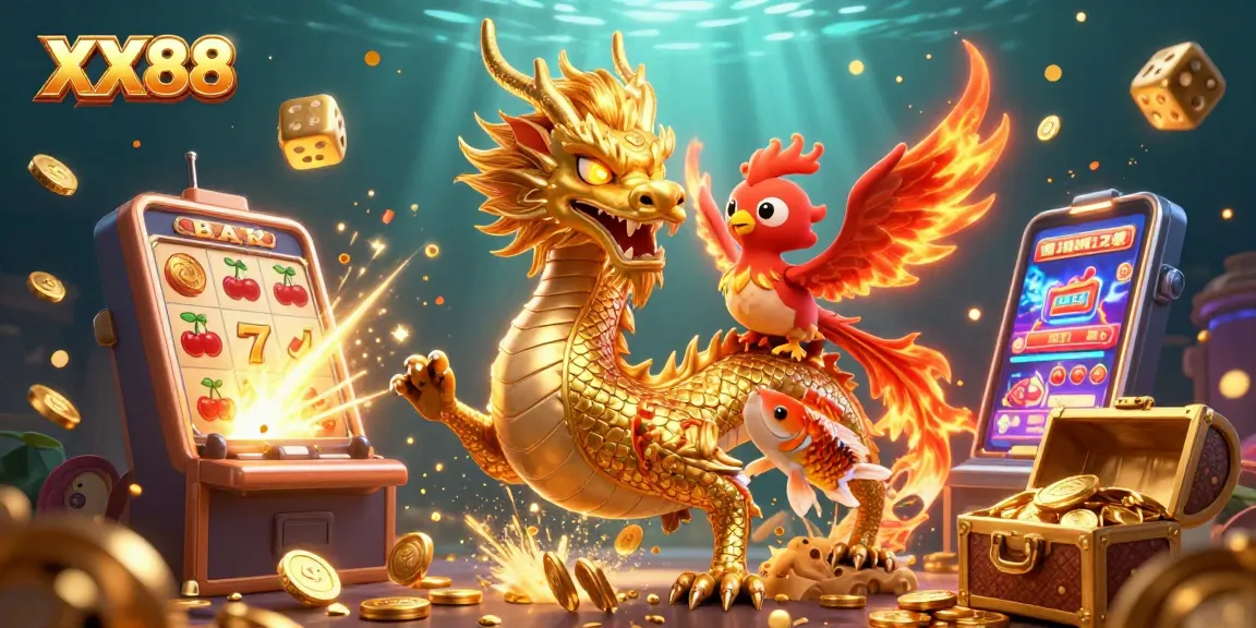 Experience the thrill of XX88 with a dynamic 3D illustration featuring a golden dragon and a jackpot explosion.