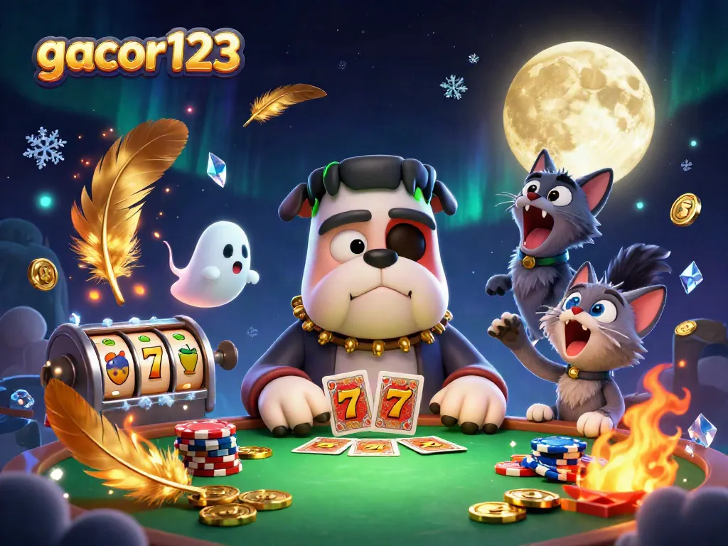 Experience thrilling gameplay with gacor123's spooky casino atmosphere illustrated as a Frankenstein bulldog dealer.