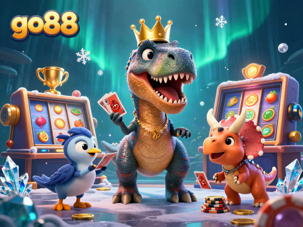 Engage in exciting gameplay at go88 with a friendly T-Rex shuffling cards and playful dinosaurs!