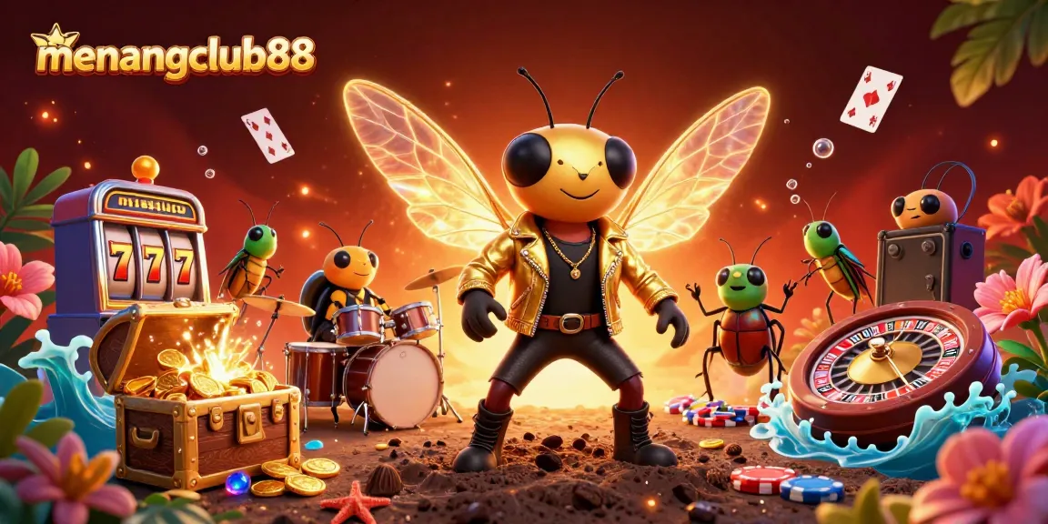 Experience the thrill of menangclub88 with vibrant casino action featuring an electric cicada rock star.
